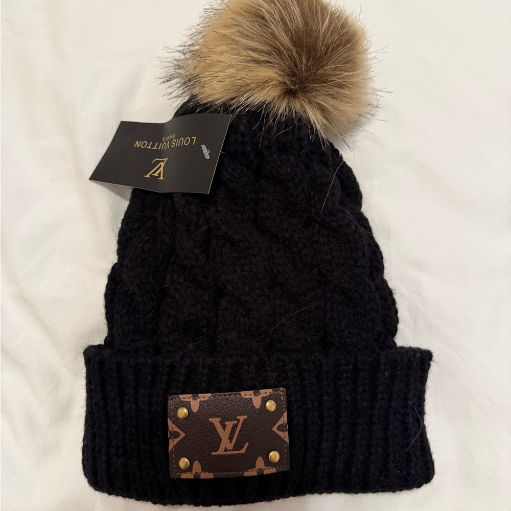 Upcycled Black Cable Knit Beanie with Tan Pom